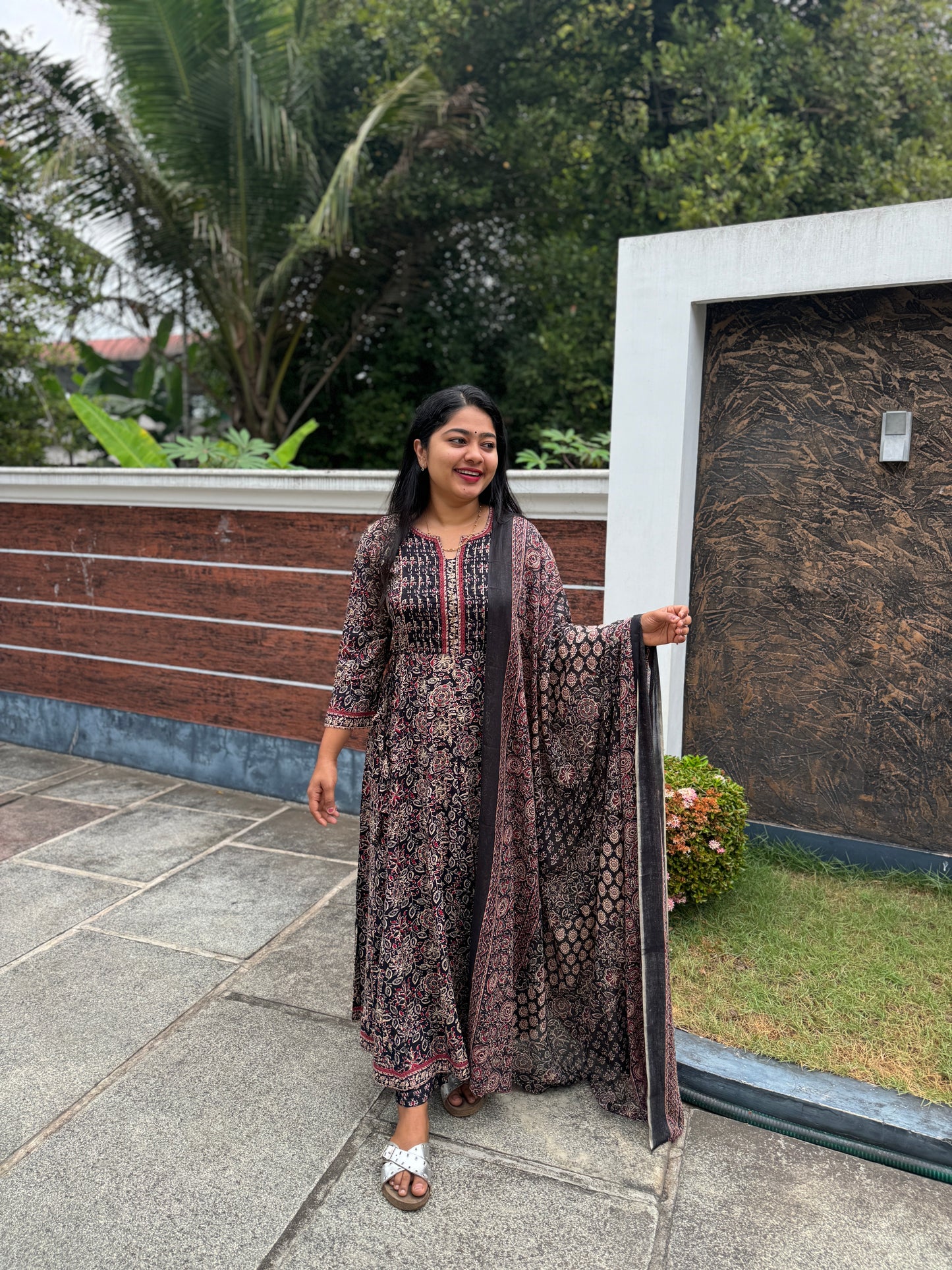 Brown with floral print soft Cotton Anarkali Salwar Set - A1028