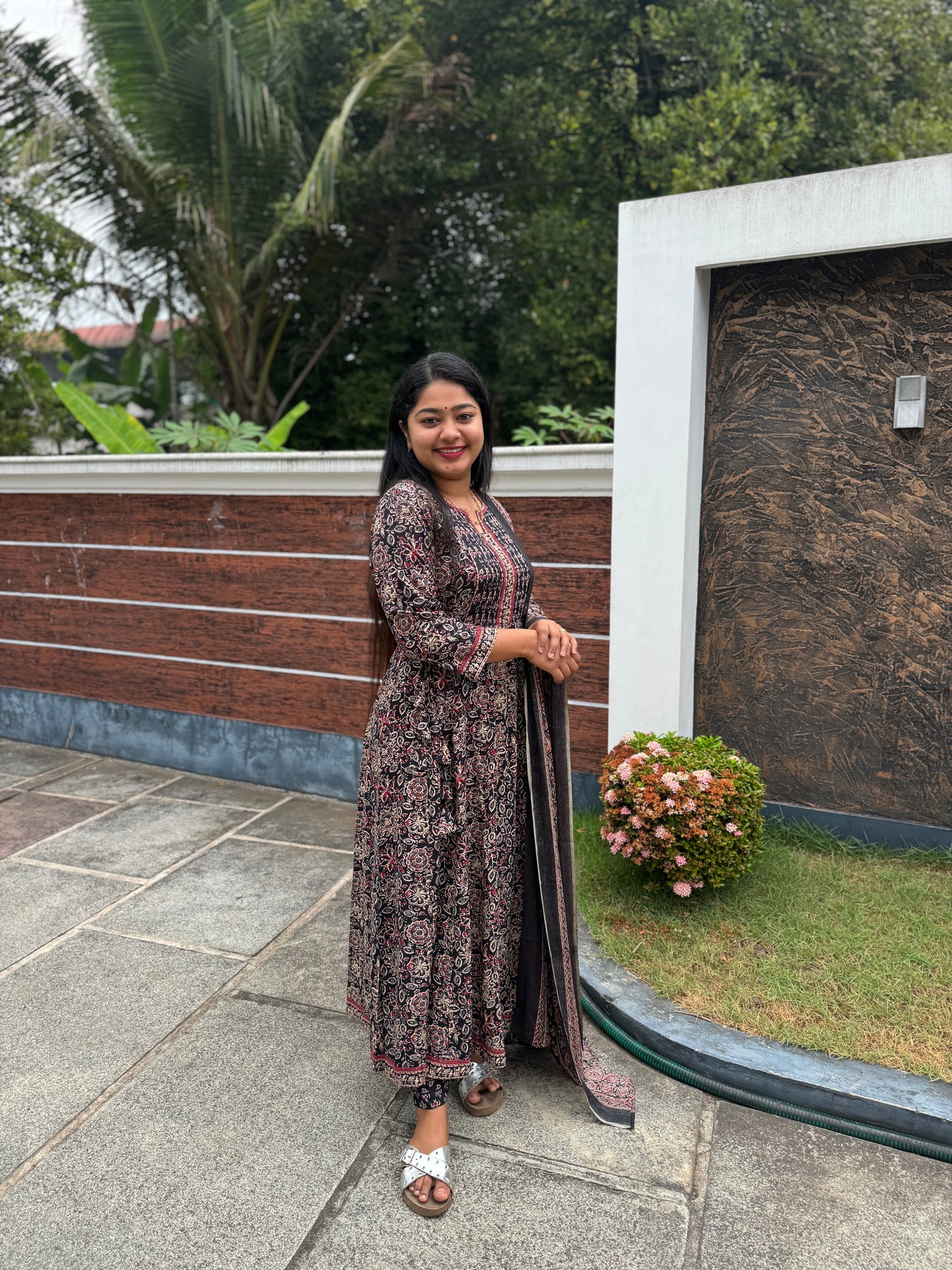 Brown with floral print soft Cotton Anarkali Salwar Set - A1028