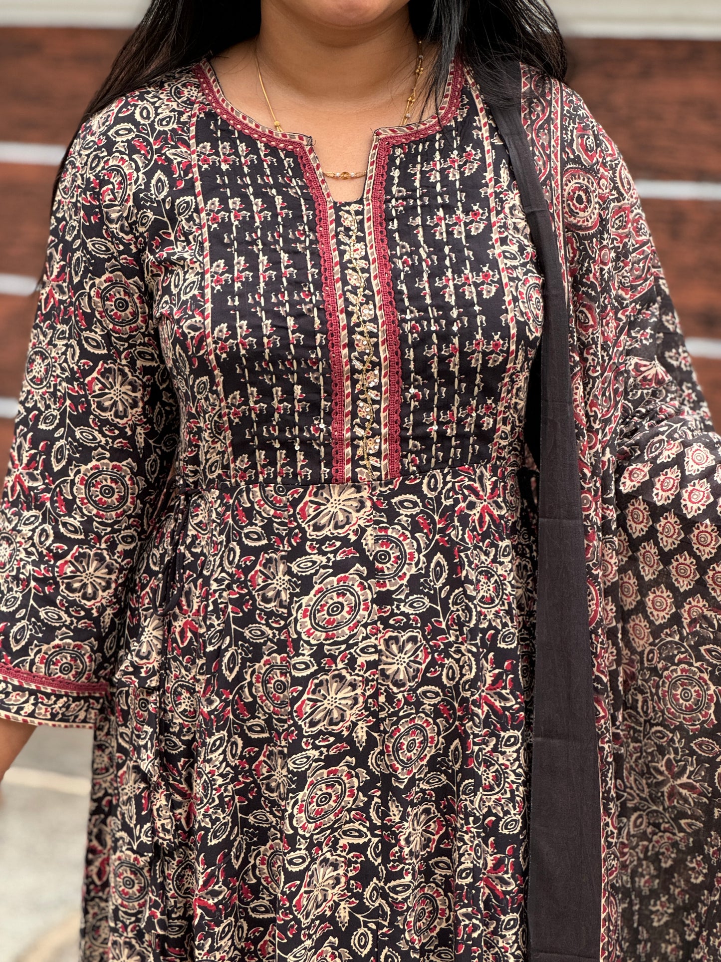Brown with floral print soft Cotton Anarkali Salwar Set - A1028