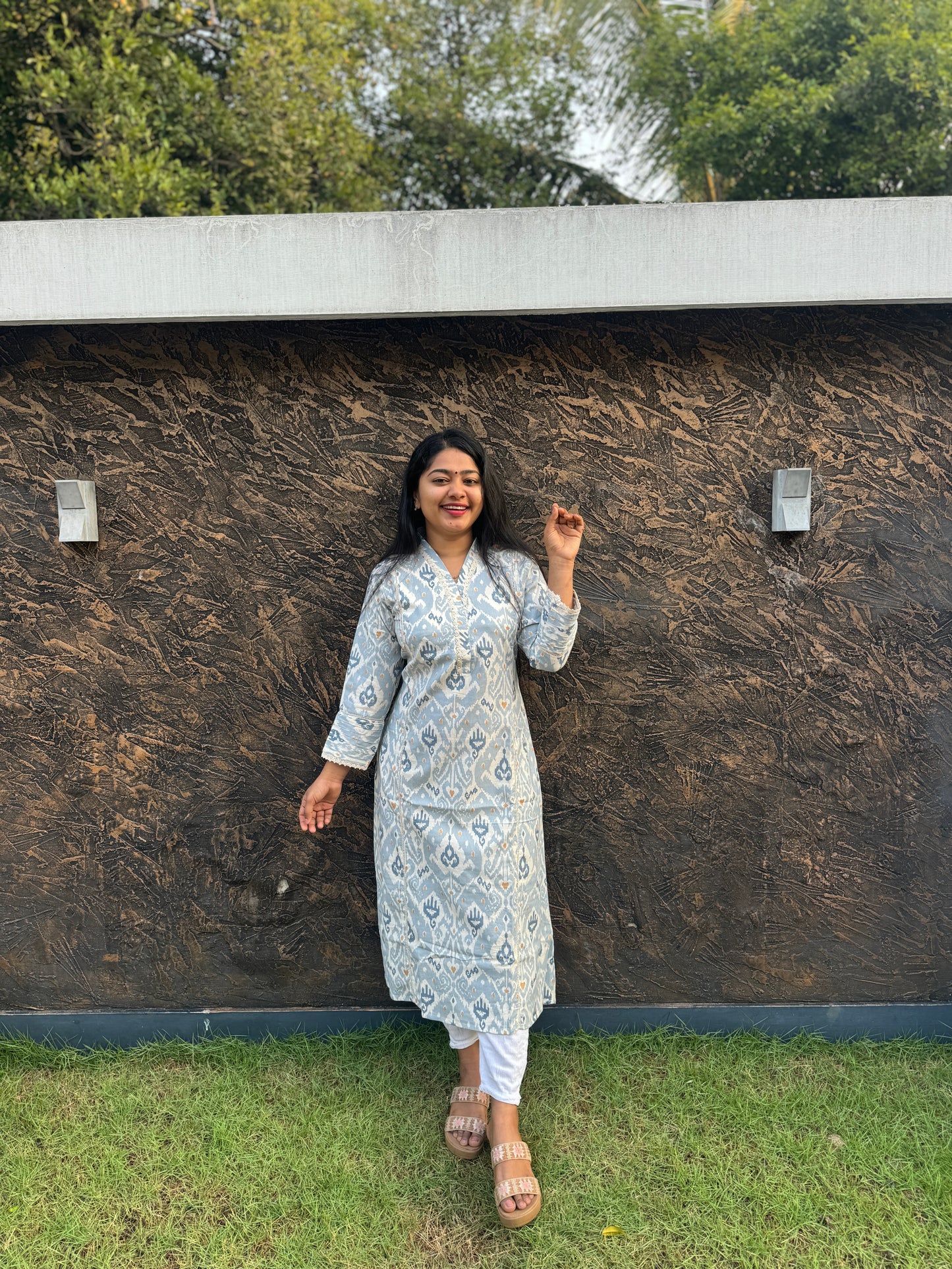 Pastel Blue Floral Khadi Cotton Kurta Top - A1024