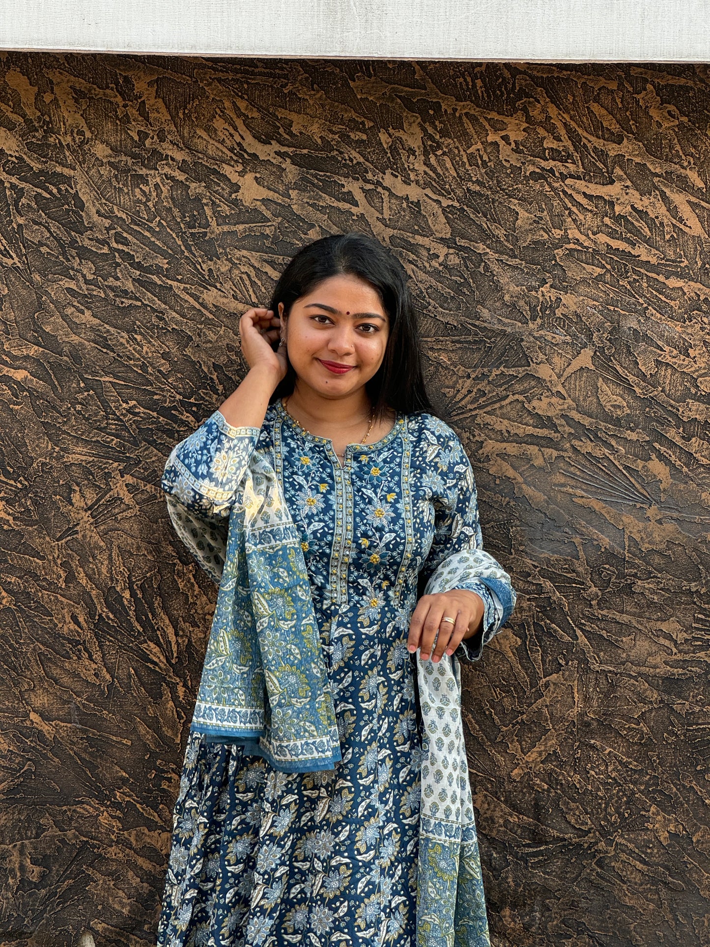 Blue floral print soft Cotton Anarkali Salwar Set - A1023
