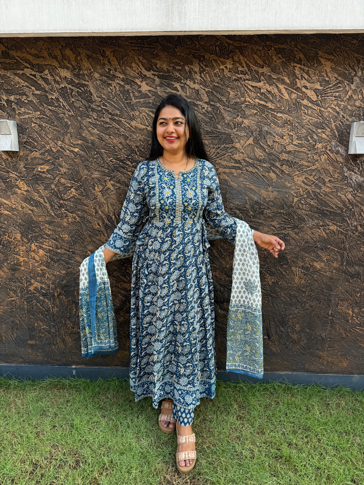 Blue floral print soft Cotton Anarkali Salwar Set - A1023