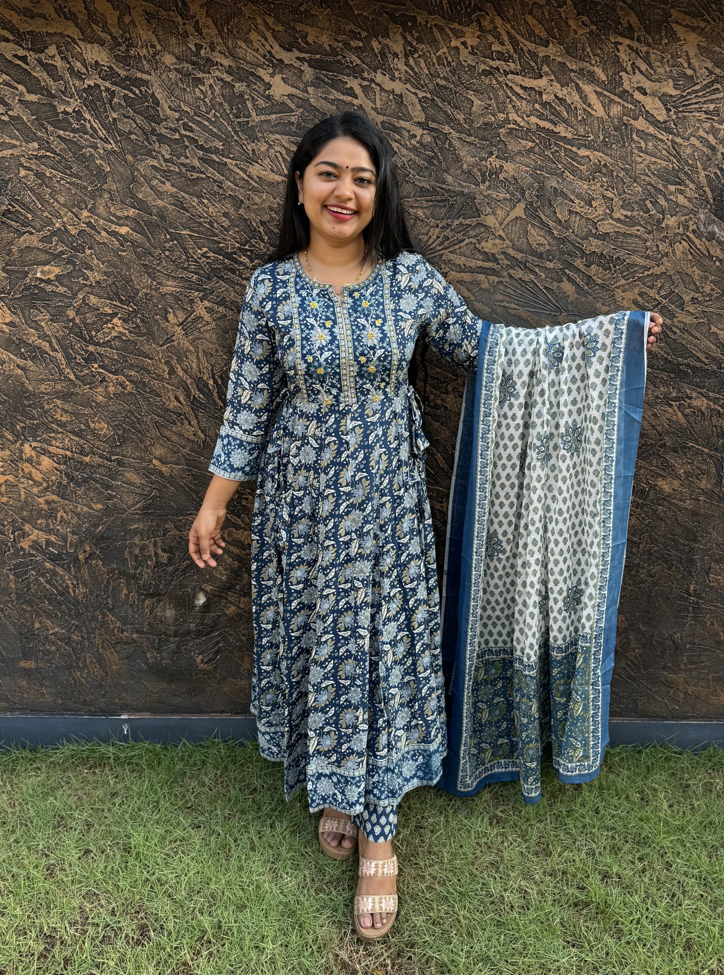 Blue floral print soft Cotton Anarkali Salwar Set - A1023