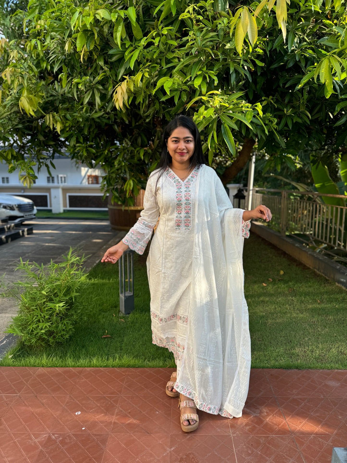 Elegant White Pure Cotton and Hakoba 3 Piece Salwar Suit - A1021
