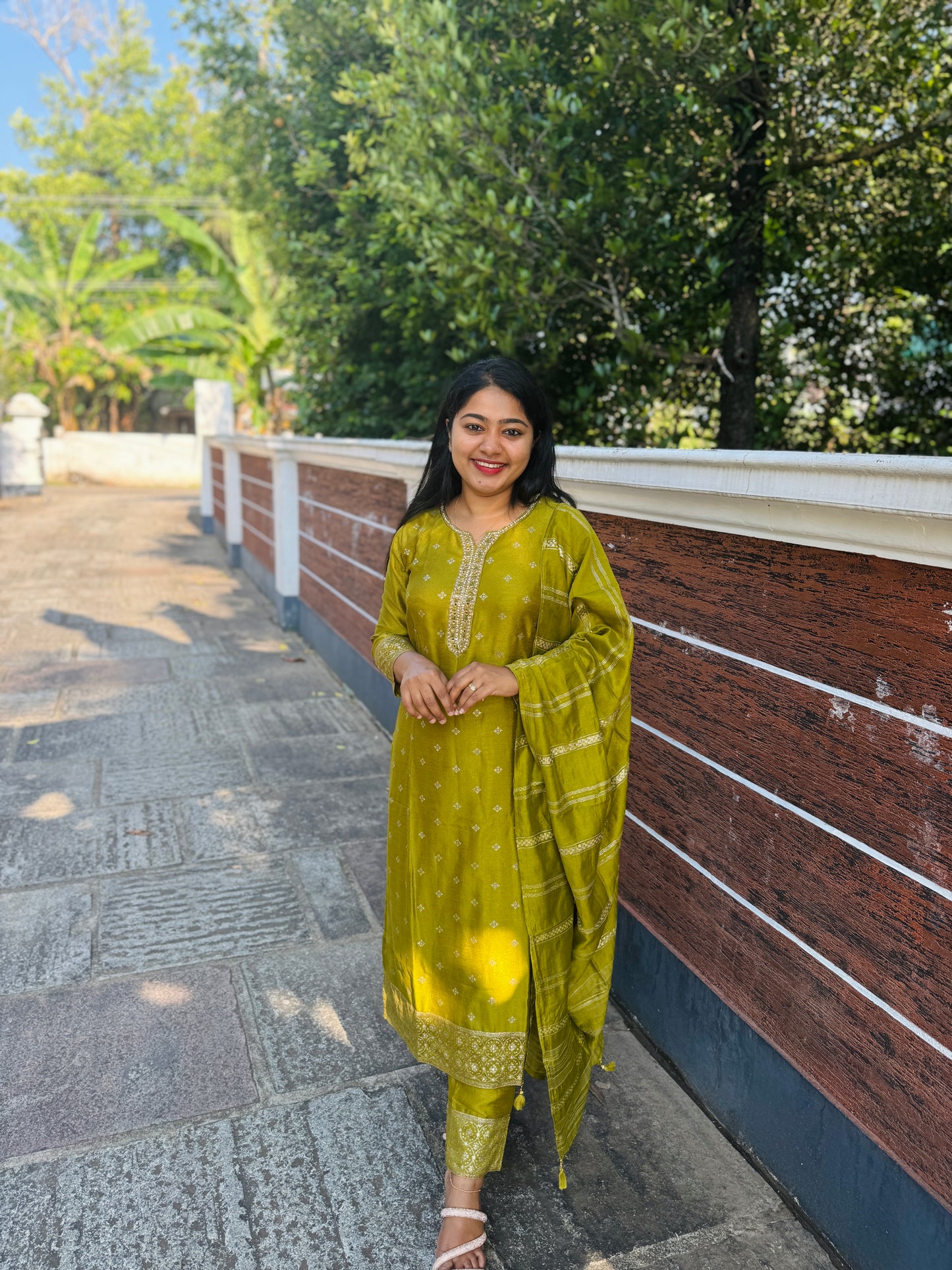 Elegant olive green silk 3 piece Salwar Suit-A1001