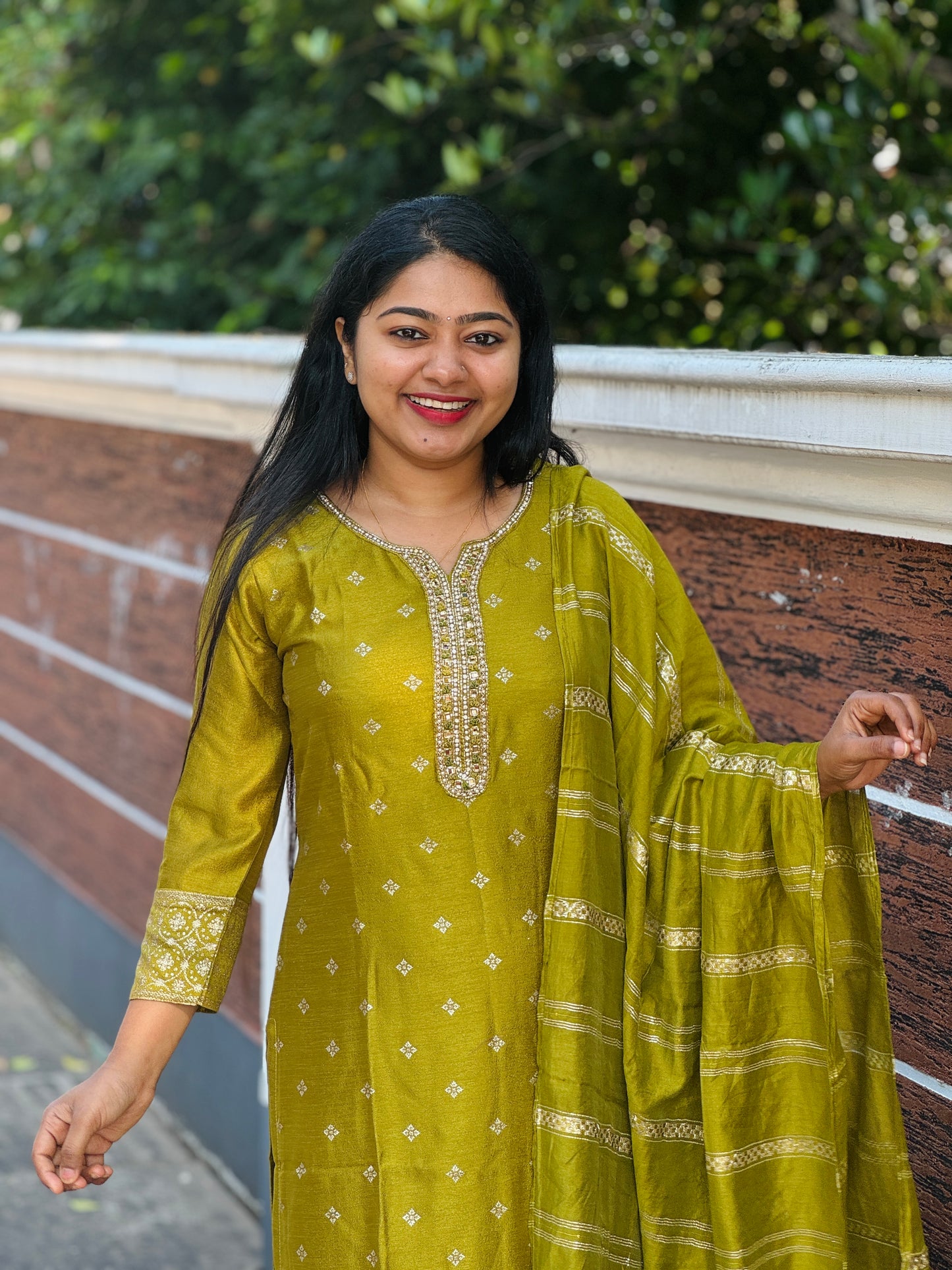 Elegant olive green & Purple silk 3 piece Salwar Suit-A1001