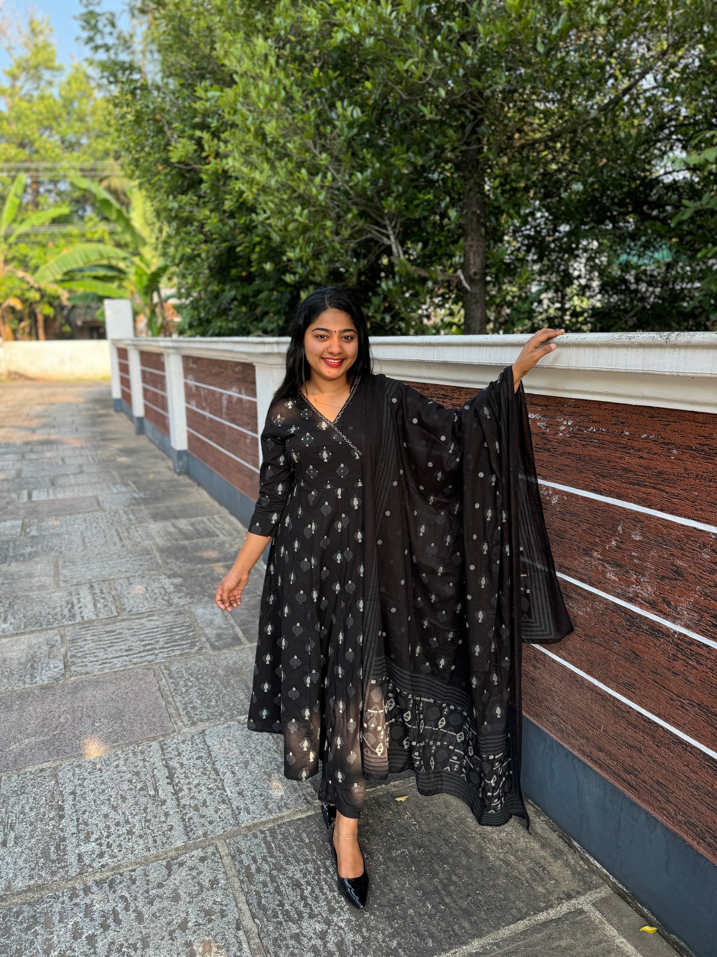 Black Anarkali 3 piece Soft Cotton Salwar Set - A1303