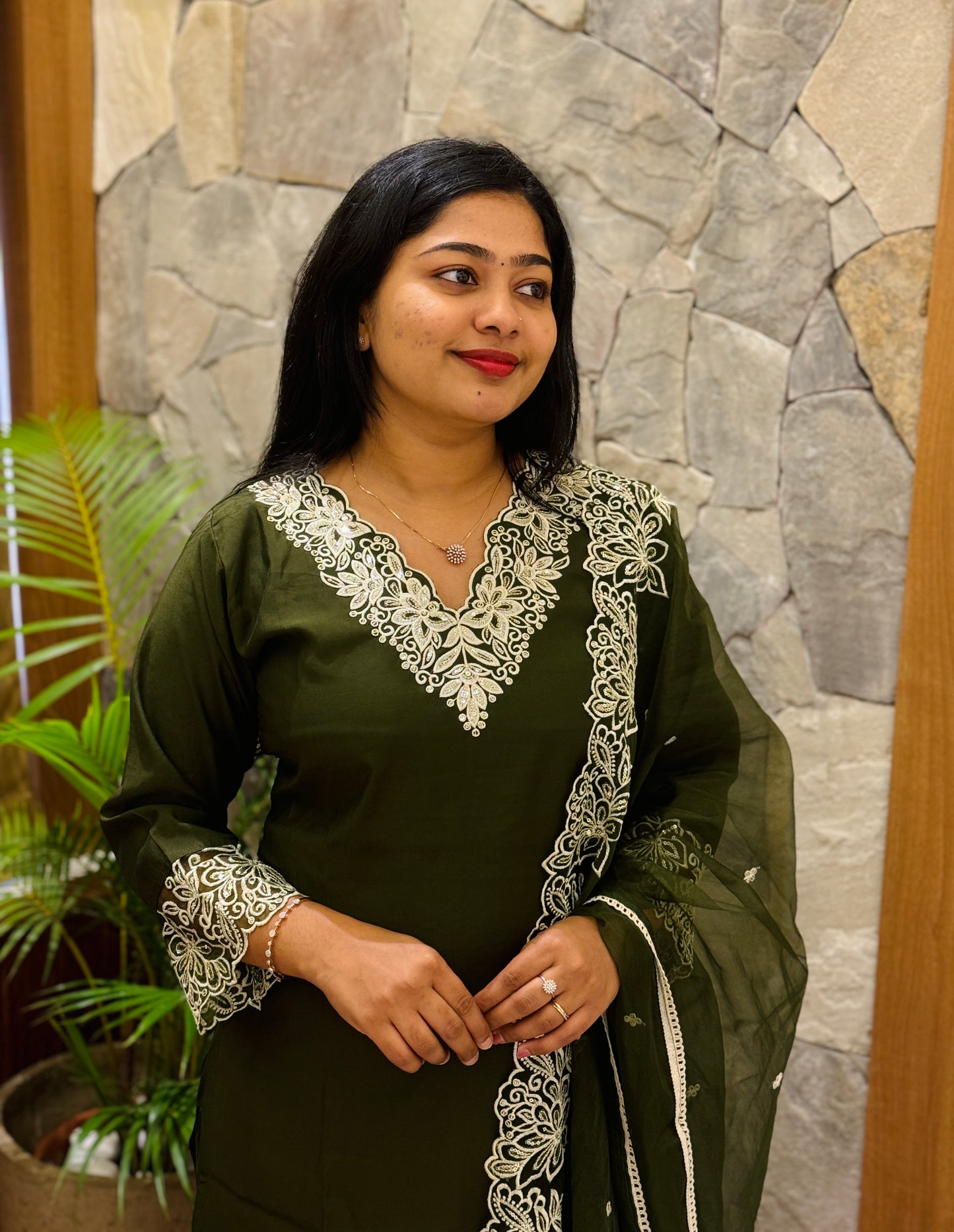 Bottle Green Chanderi Silk 3-Piece Set A1950