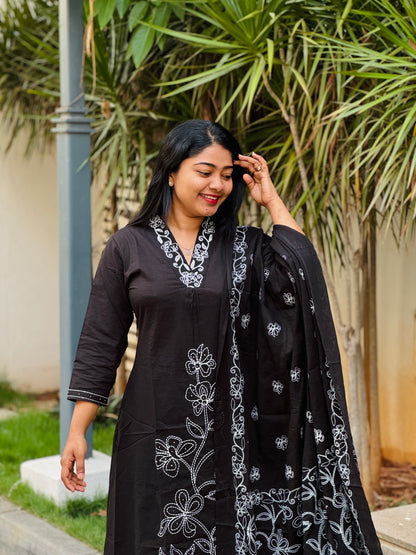 Black Soft cotton 3 Piece Salwar Suit with intricate thread work- A1311