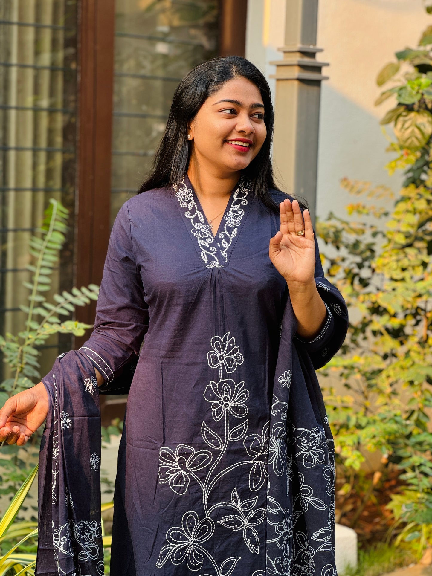 Blue Soft cotton 3 Piece Salwar Suit with intricate thread work- A1311