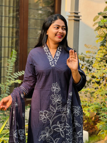 Blue Soft cotton 3 Piece Salwar Suit with intricate thread work- A1311