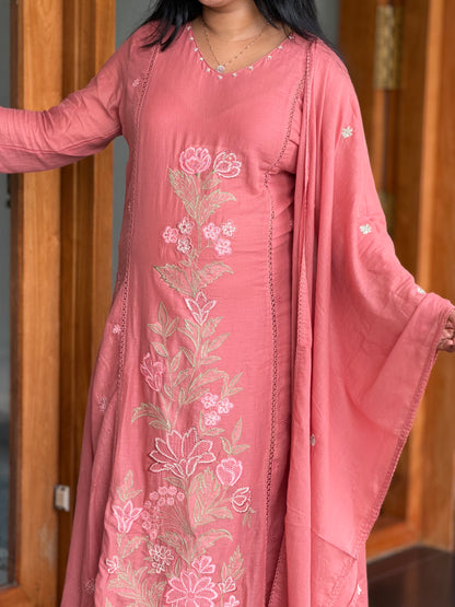 Peach Mul Cotton Embroidered 3-Piece Set A2043