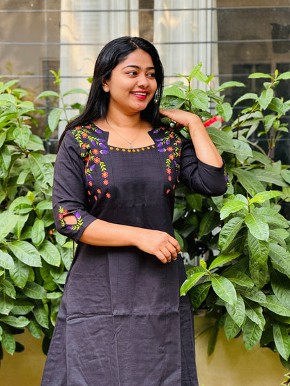 Black Cotton Kurta Top with intricate thread work -A1016
