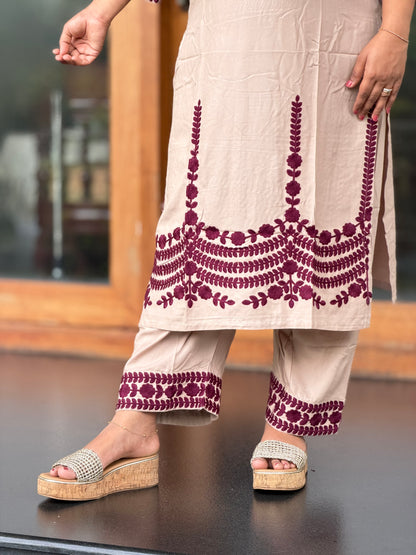 Beige & Wine Combo Chikankari Cord set A2044