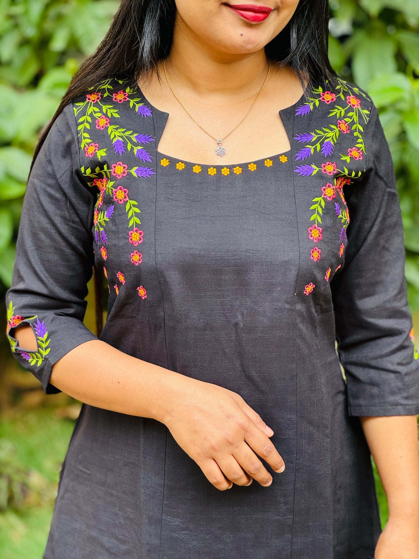 Black Cotton Kurta Top with intricate thread work -A1016