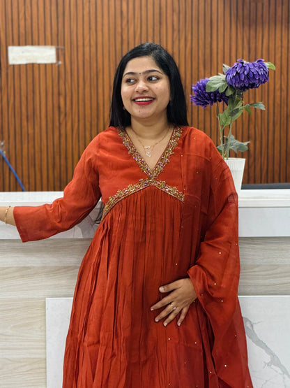 Brick Orange Premium 3-Ps Chanderi Silk Set A1971