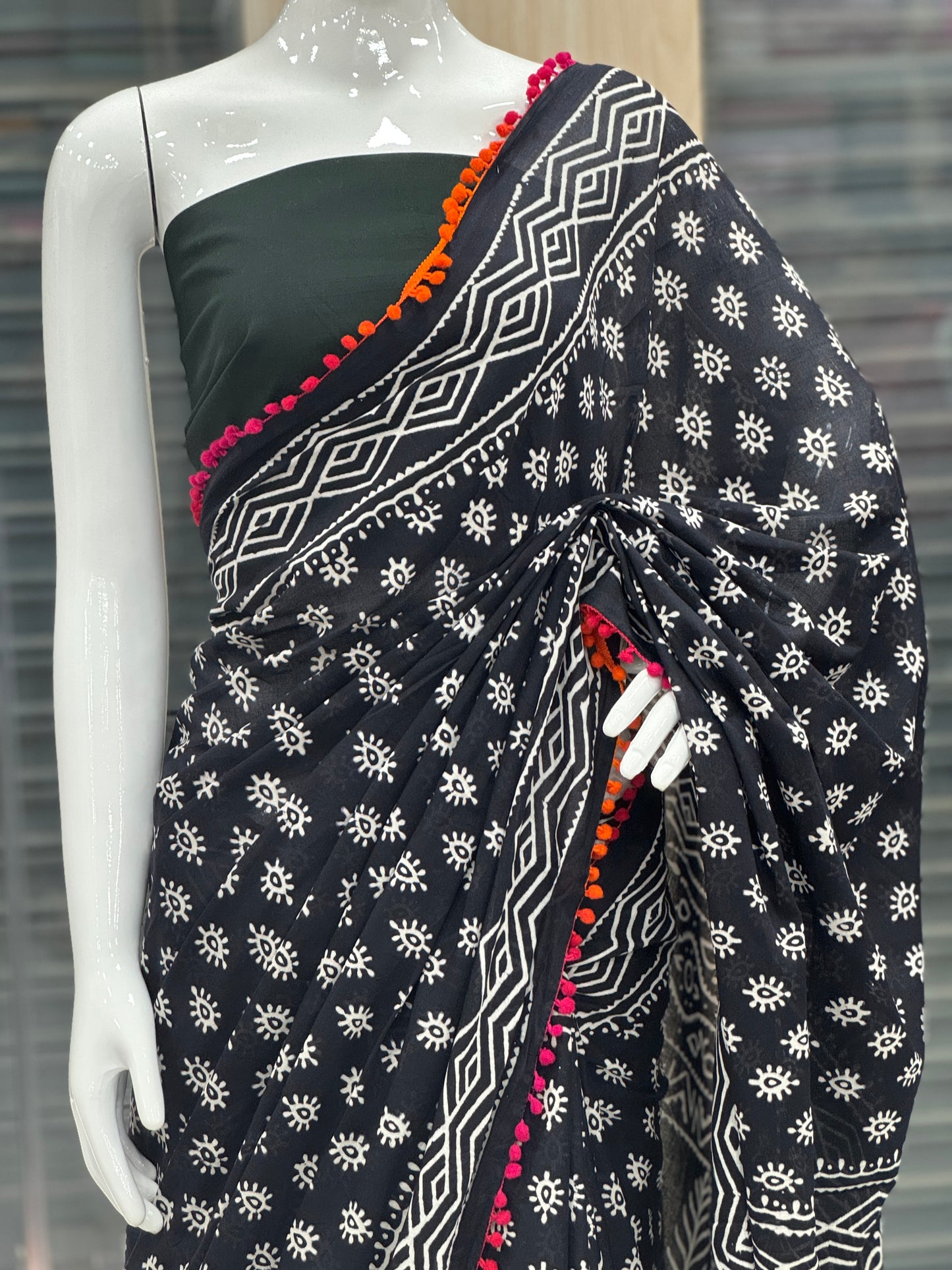 Black Soft Cotton Saree-A1345
