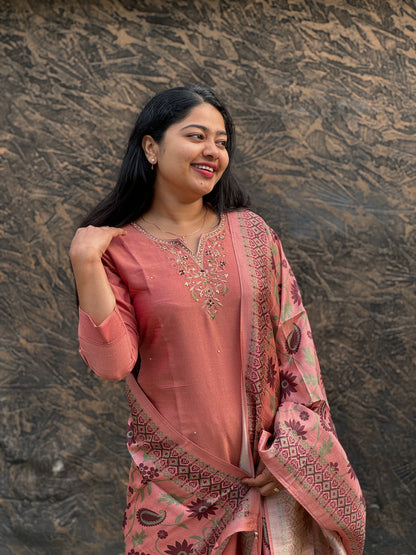 Royal Jute cotton -3 Piece Salwar Suit with intricate thread work and Chanderi Silk Duppatta -A1340