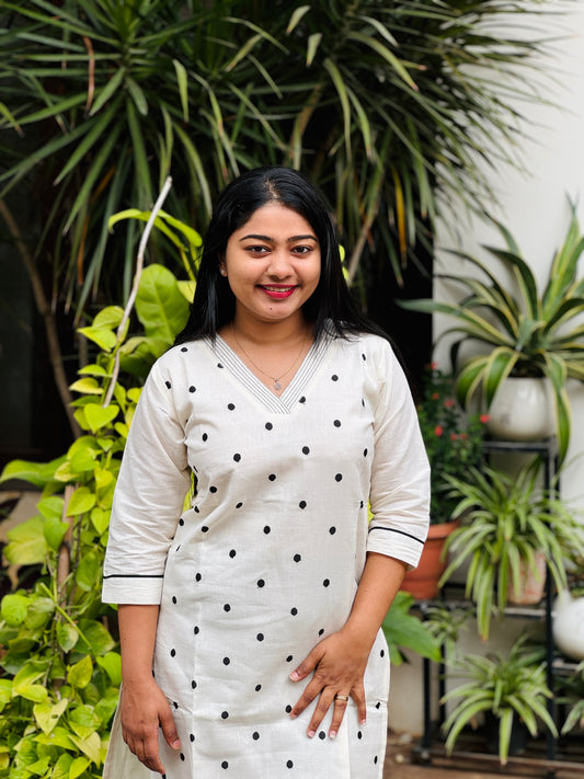 Off white Jute Cotton Kurta Top with Black polka dots-A1314