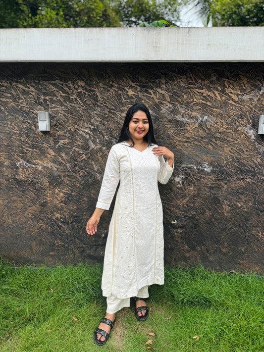 Offwhite Premium Cotton Onam Top with Hakoba & Sequin Highlights A - 1515