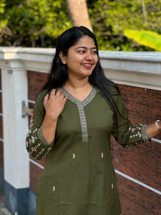 Beautiful Dark Olive Cotton 2 piece Co-ord Set-A1325