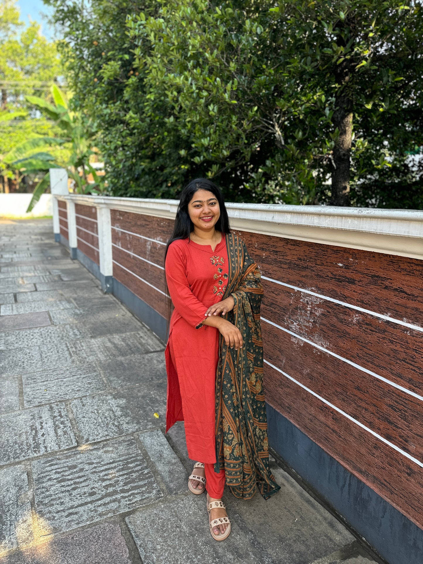 Rust Colour Khadi Cotton Slitted 2 piece Kurti with Applique Work - A1322