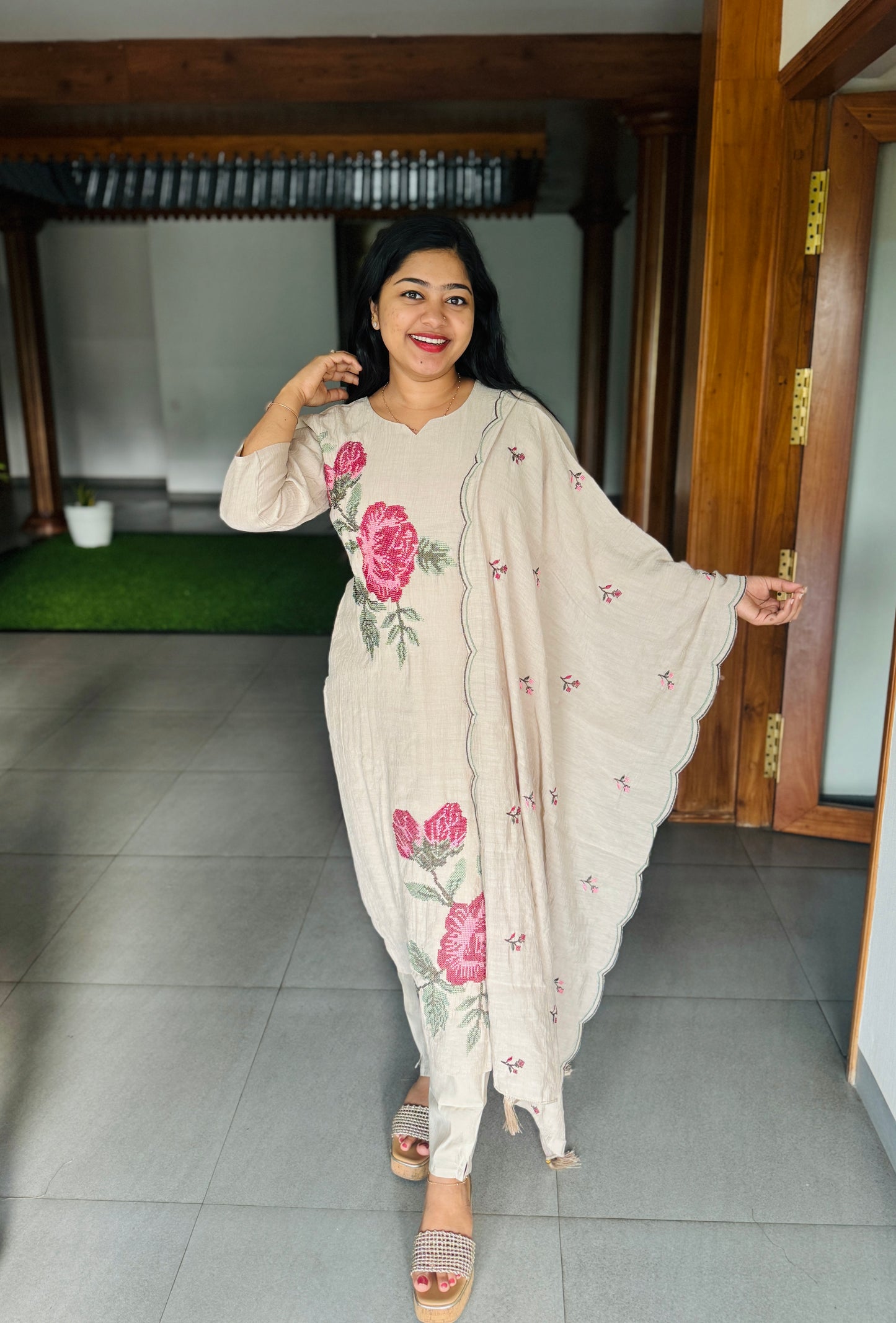 Elegant Beige & Olive Green Chanderi 3-Piece Set ✨A1993