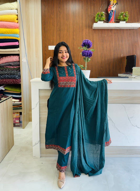 Teal Blue Cotton Set with Ajrak Patch Work A1664