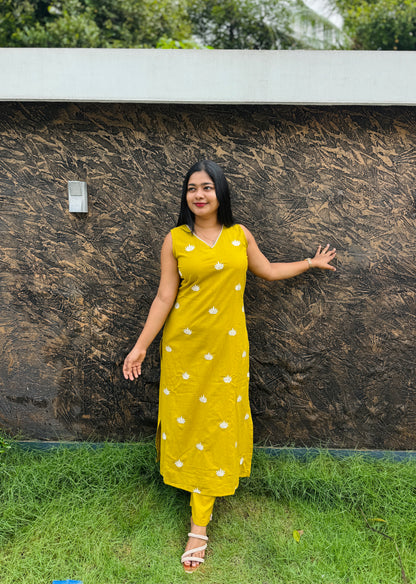 Elegant Khadi Cotton Cord Sets with Embroidery (3/4 Sleev attached ) : A 1468