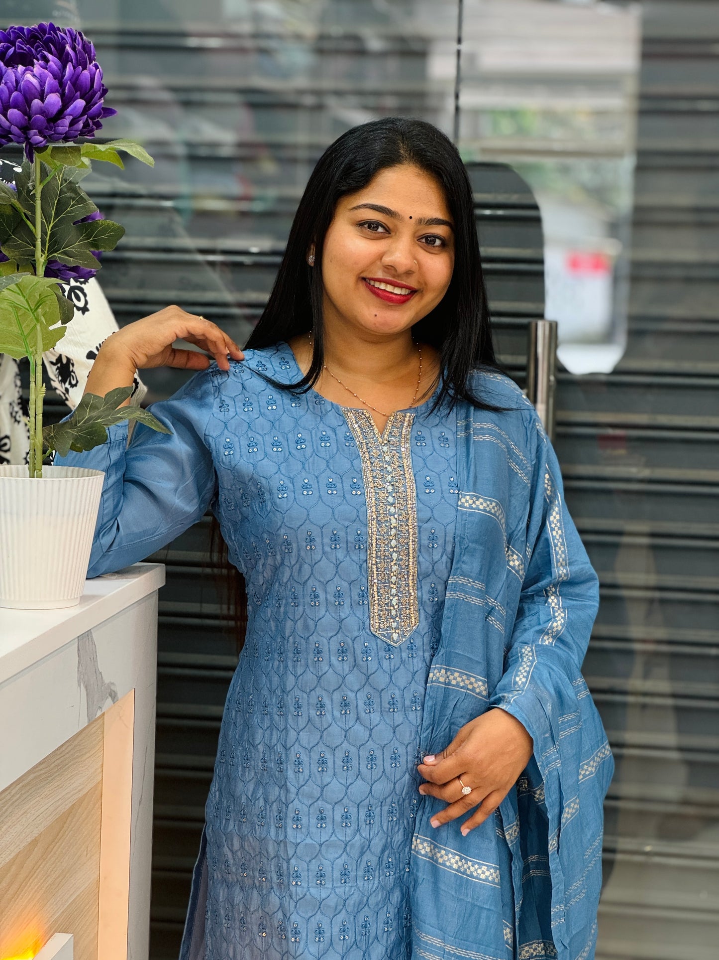 Festive Function Wear | Power Blue Three Piece Set A- 1561