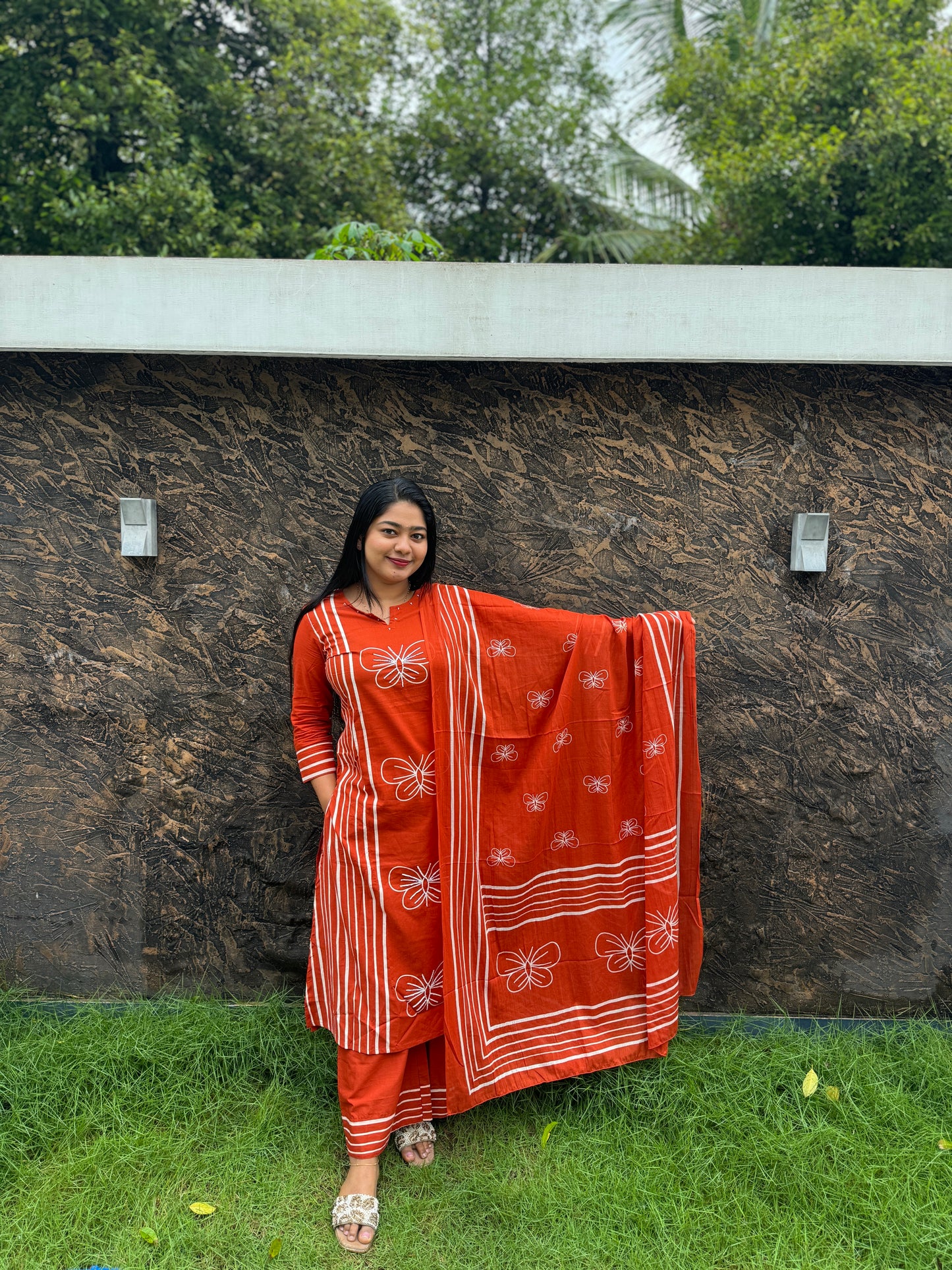 Brick Red & Blue 3-Piece Salwar Set Crafted in soft and breathable Mulmul cotton : A 1473