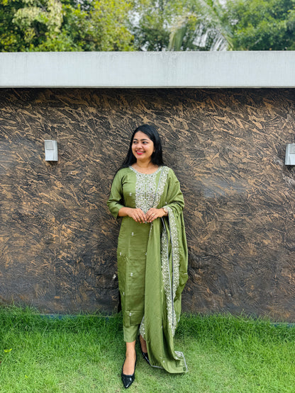 Handcrafted Soft Silk Salwar Set in Lavender & Olive Green - A1364