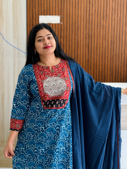 Ajrak handblock printed 3-piece set in a stunning indigo blue shade 💙A1774