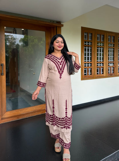 Beige & Wine Combo Chikankari Cord set A2044