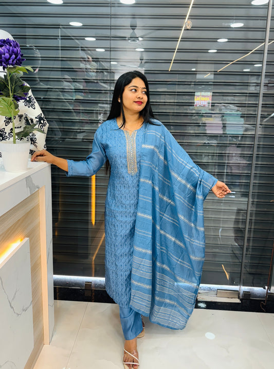 Festive Function Wear | Power Blue Three Piece Set A- 1561