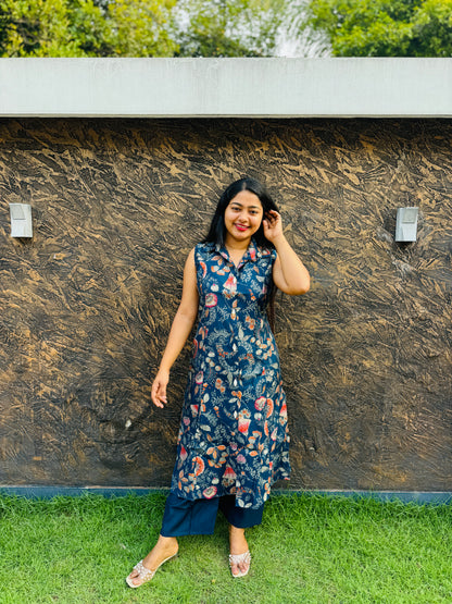 Blue Floral printed 2 piece Cotton Co-ord Set-A1308