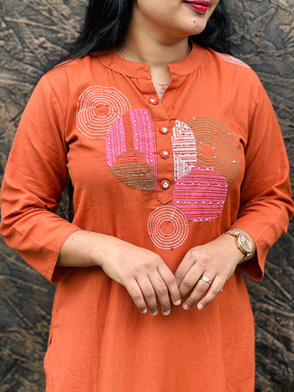 Brick red cord set in premium khadi cotton – soft, breathable, and perfect for all-day wear. A1246