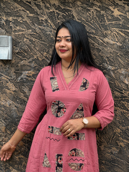 Onion Pink Khadi Cotton Cord Set with Ajrak Detailing