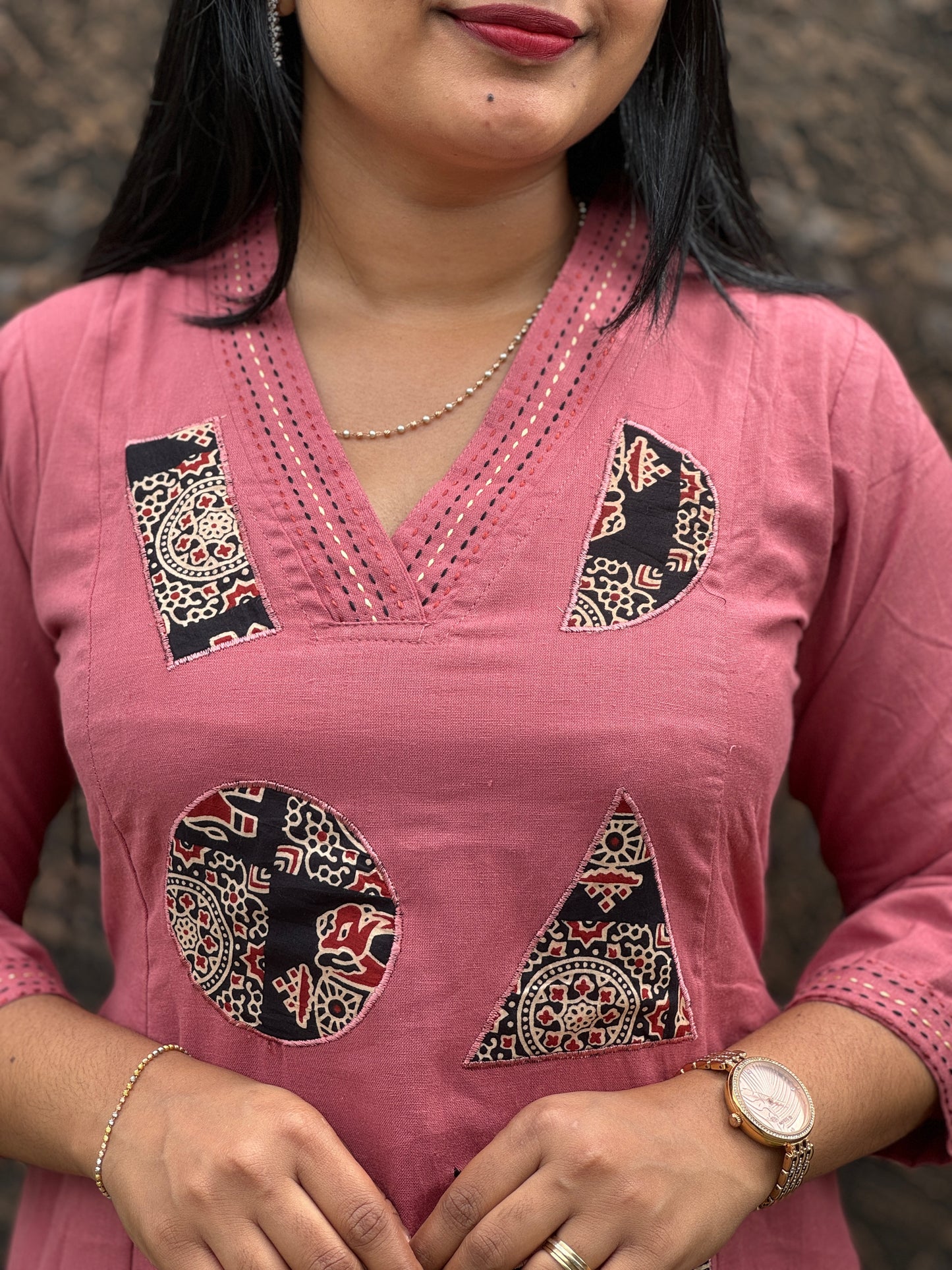 Onion Pink Khadi Cotton Cord Set with Ajrak Detailing