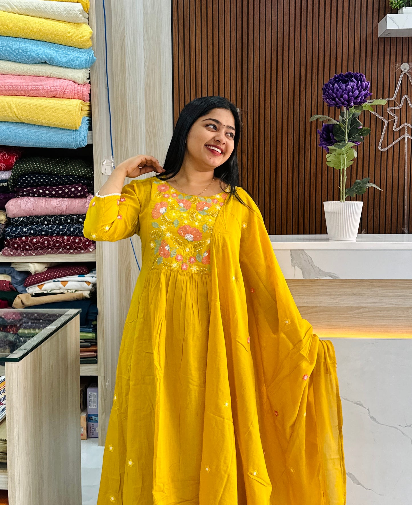 Mustard yellow & Sky Blue Mul Cotton Embroidered 3-Piece Set