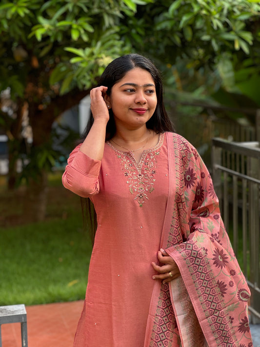 Royal Jute cotton -3 Piece Salwar Suit with intricate thread work and Chanderi Silk Duppatta -A1340
