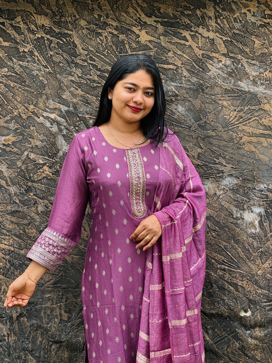 Elegant olive green & Purple  silk 3 piece Salwar Suit-A1001