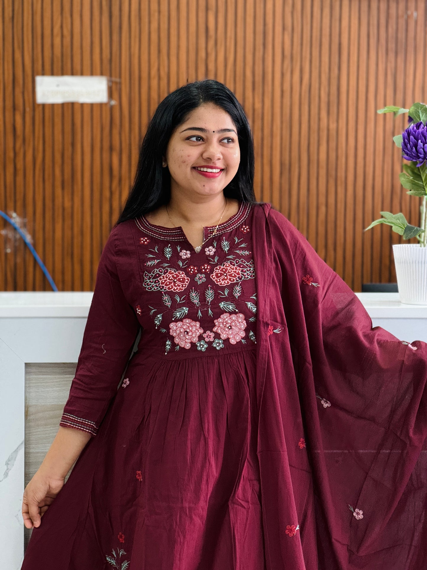 Maroon Color Mul Cotton Embroidered 3-Piece Set A1775