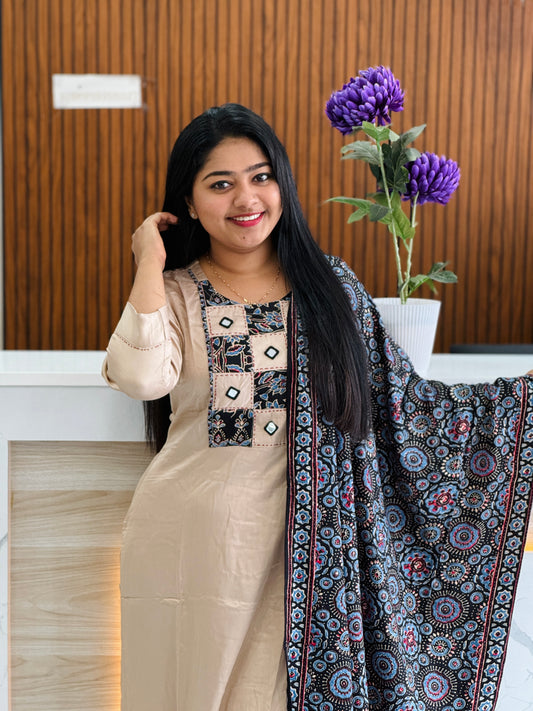 Premium Modal Silk three piece set Beige & Black Combo A1669