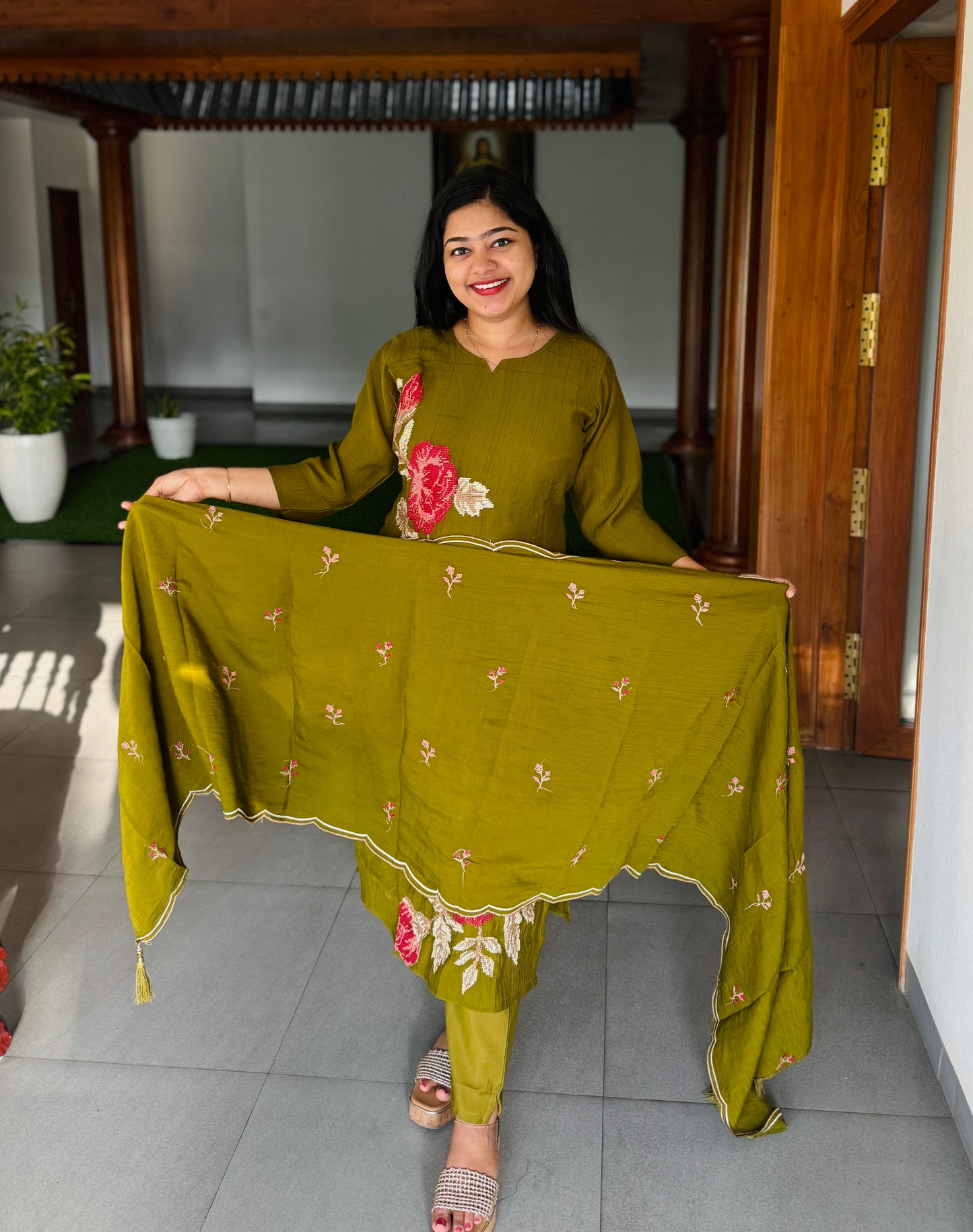 Elegant Beige & Olive Green Chanderi 3-Piece Set ✨A1993