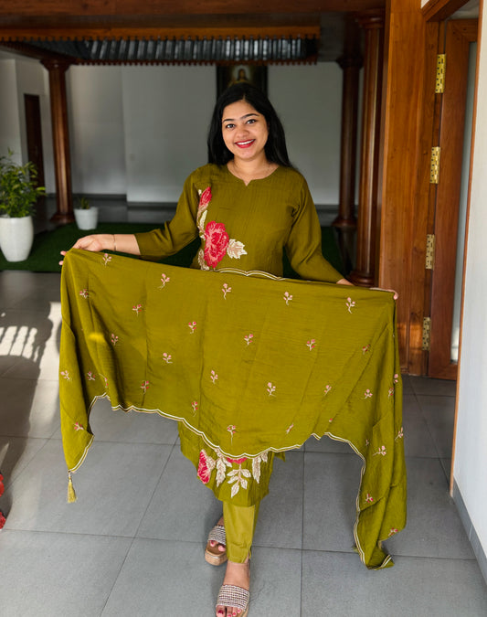 Elegant Beige & Olive Green Chanderi 3-Piece Set ✨A1993