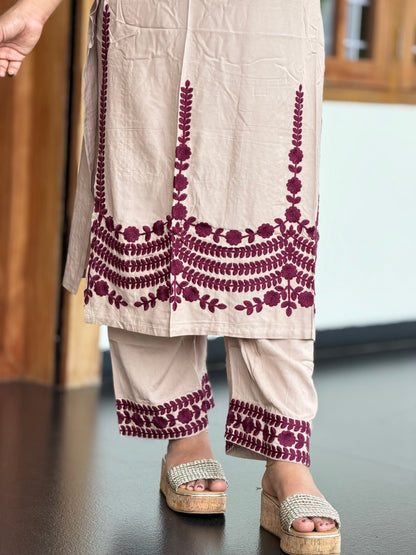 Beige & Wine Combo Chikankari Cord set A2044