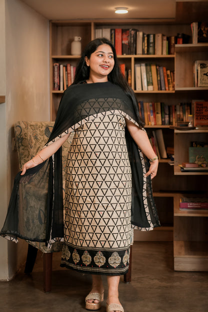 Elegant Beige & Black Cotton Satin Dress Material A2006