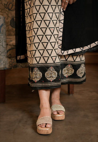 Elegant Beige & Black Cotton Satin Dress Material A2006