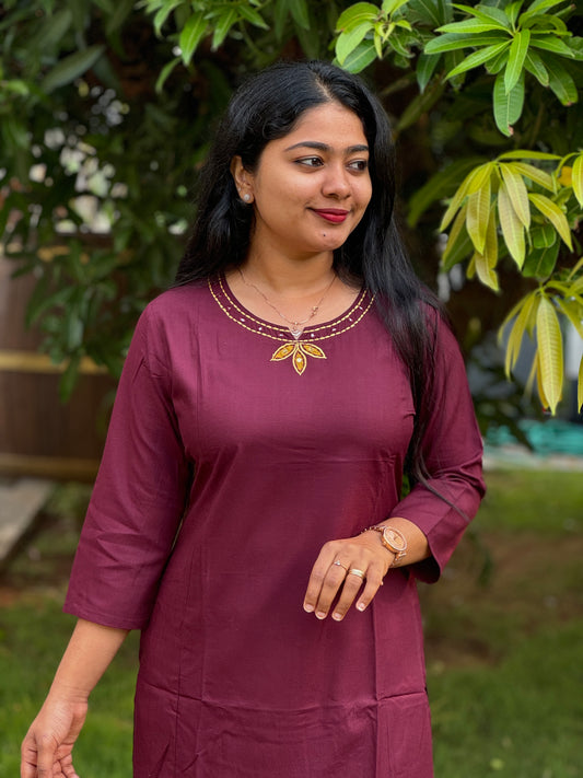 Elegant Wine Semi-Modal Silk Kurti – Applique & Kantha Work - A1385